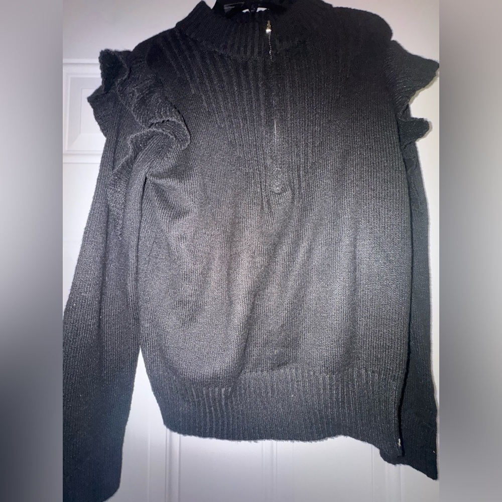 Black Women's Sweater with Ruffle Details - Picture 3 of 9